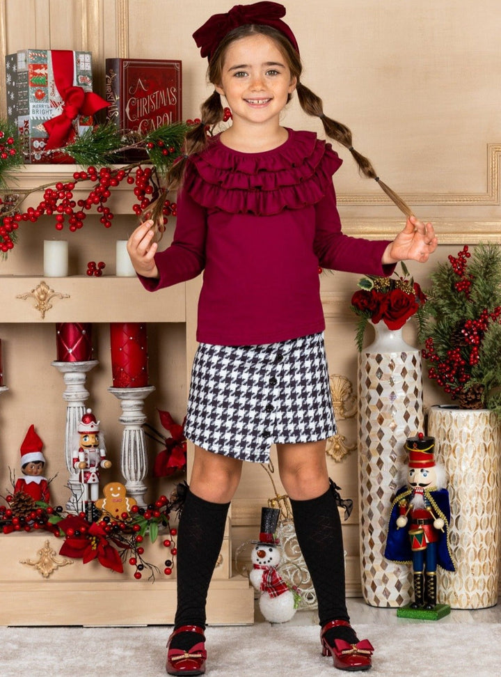 Girls Ruffled Neckline red - burgundy Top and black-white Buttoned Skirt Set