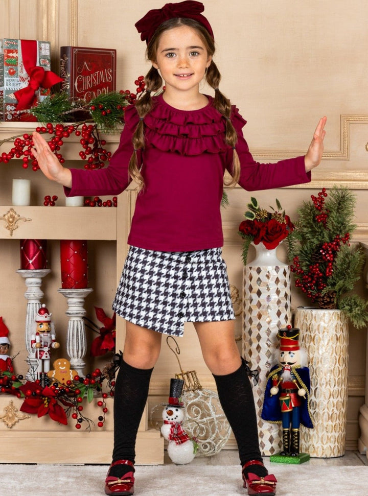 Girls Ruffled Neckline red - burgundy Top and black-white Buttoned Skirt Set