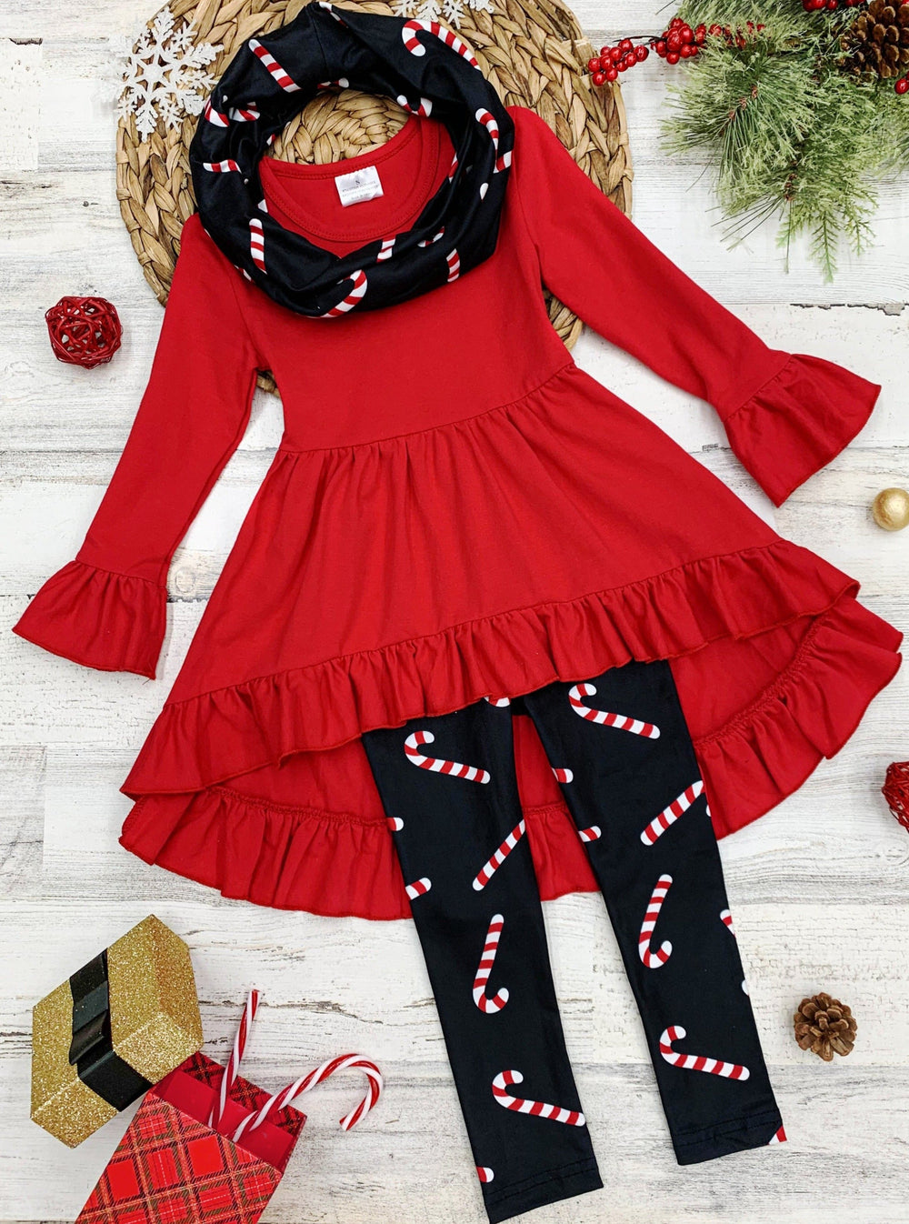 Cute Winter Sets | Girls Candy Cane Print Tunic, Scarf, & Legging Set