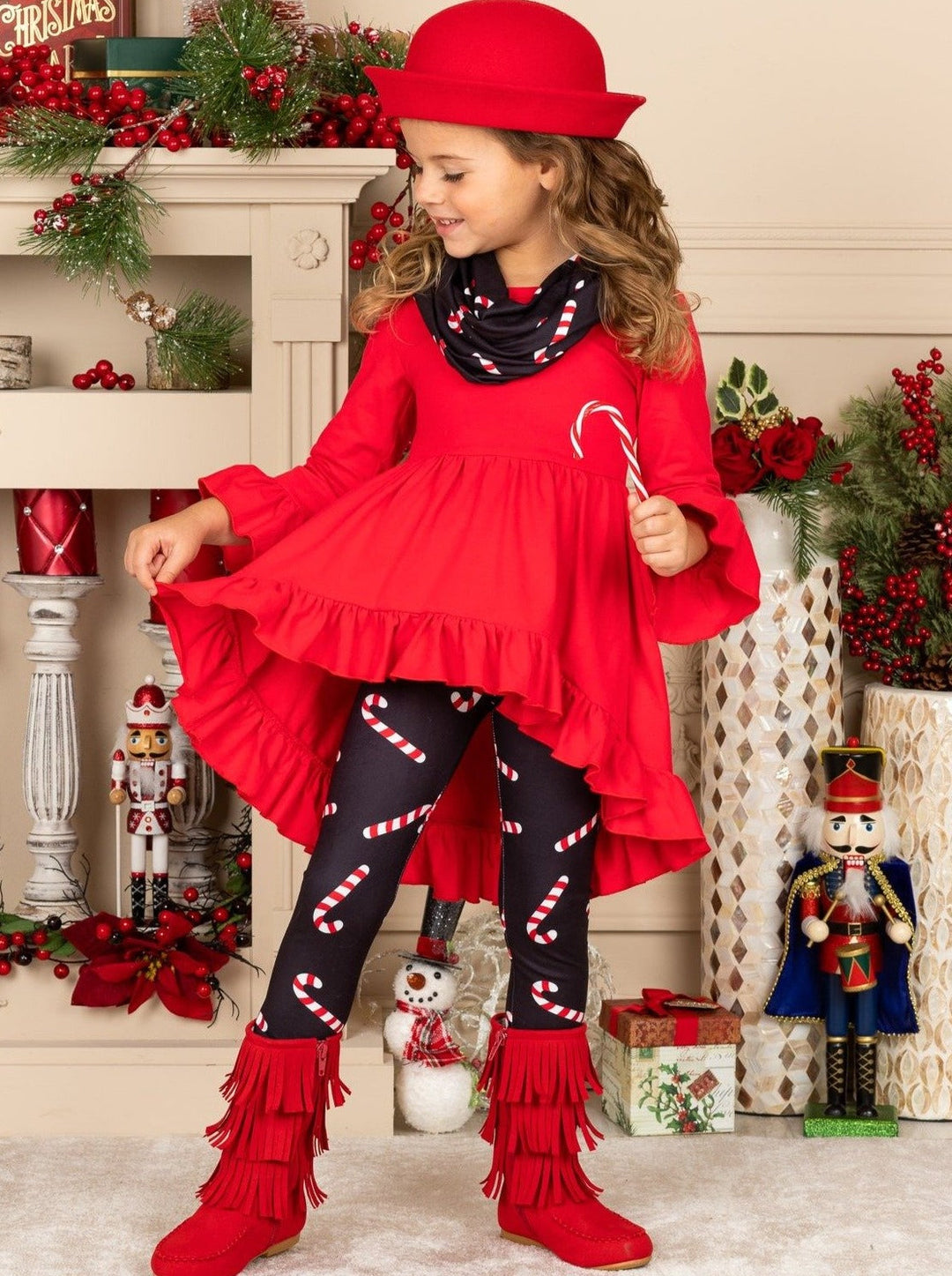 Cute Winter Sets | Girls Candy Cane Print Tunic, Scarf, & Legging Set