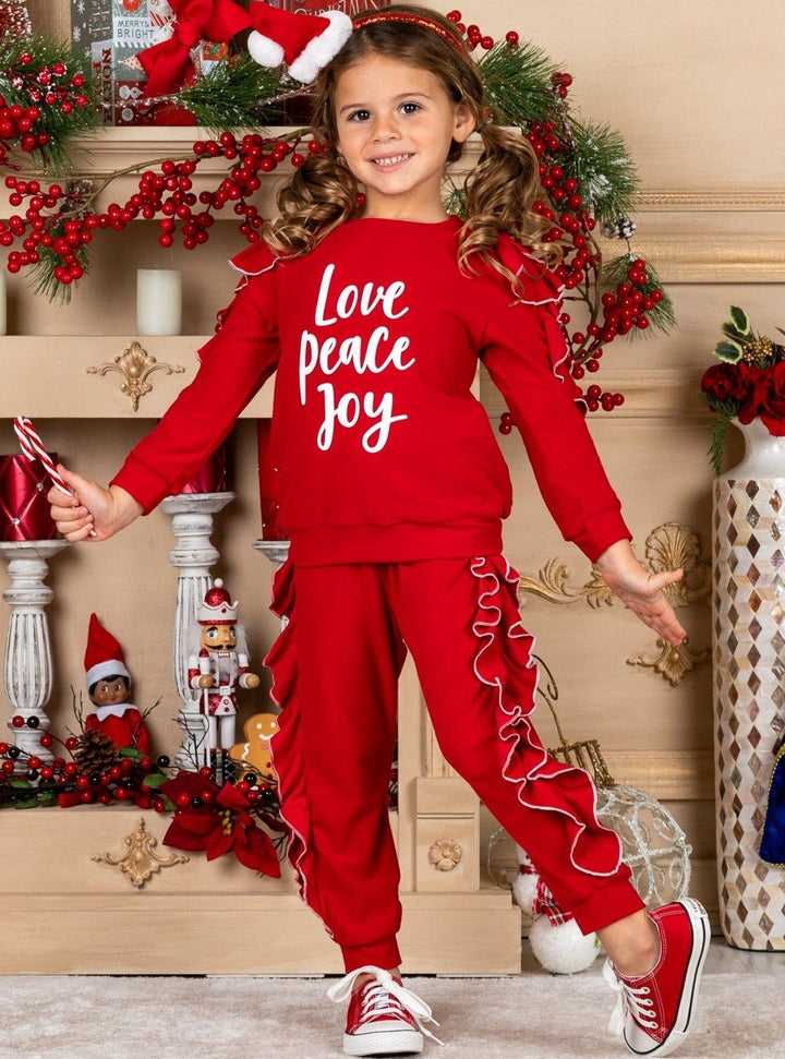 Cute Winter Sets | Girls Love Peace Joy Cascading Ruffle Jogger Set