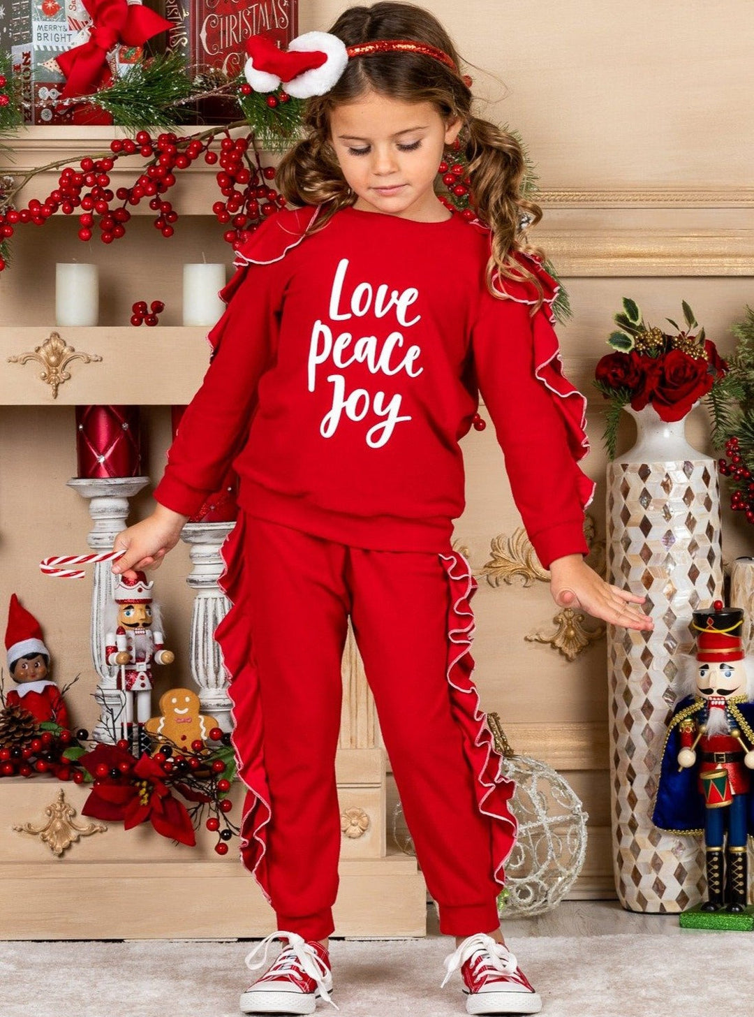 Cute Winter Sets | Girls Love Peace Joy Cascading Ruffle Jogger Set