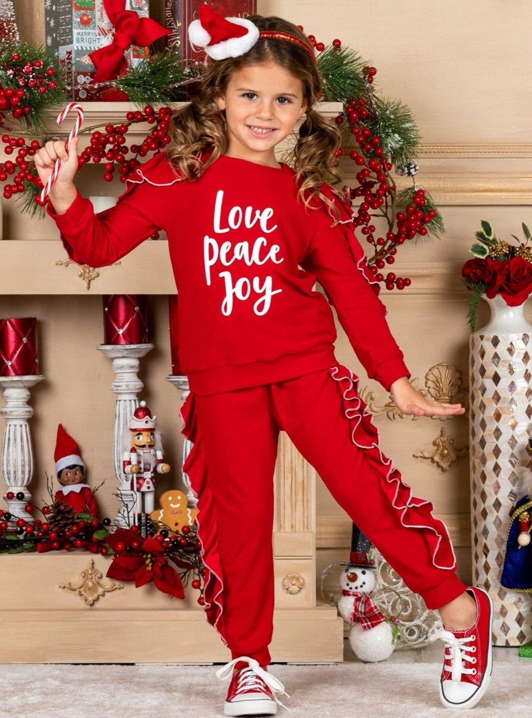 Cute Winter Sets | Girls Love Peace Joy Cascading Ruffle Jogger Set