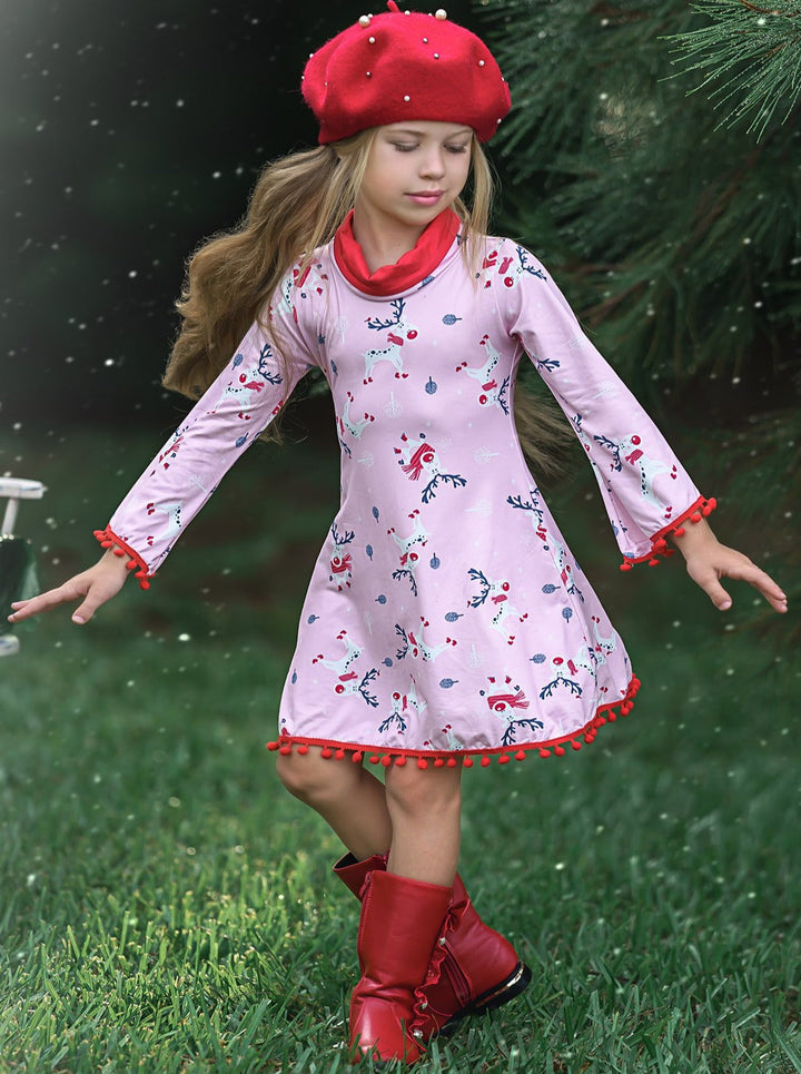 Cute Winter Dresses | Girls Rudolph Print Turtleneck Pom Pom Hem Dress