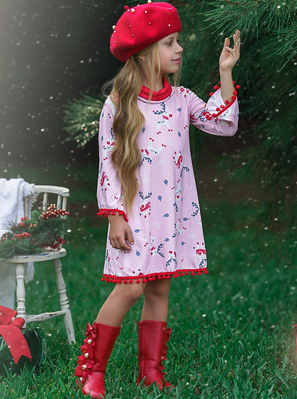 Cute Winter Dresses | Girls Rudolph Print Turtleneck Pom Pom Hem Dress