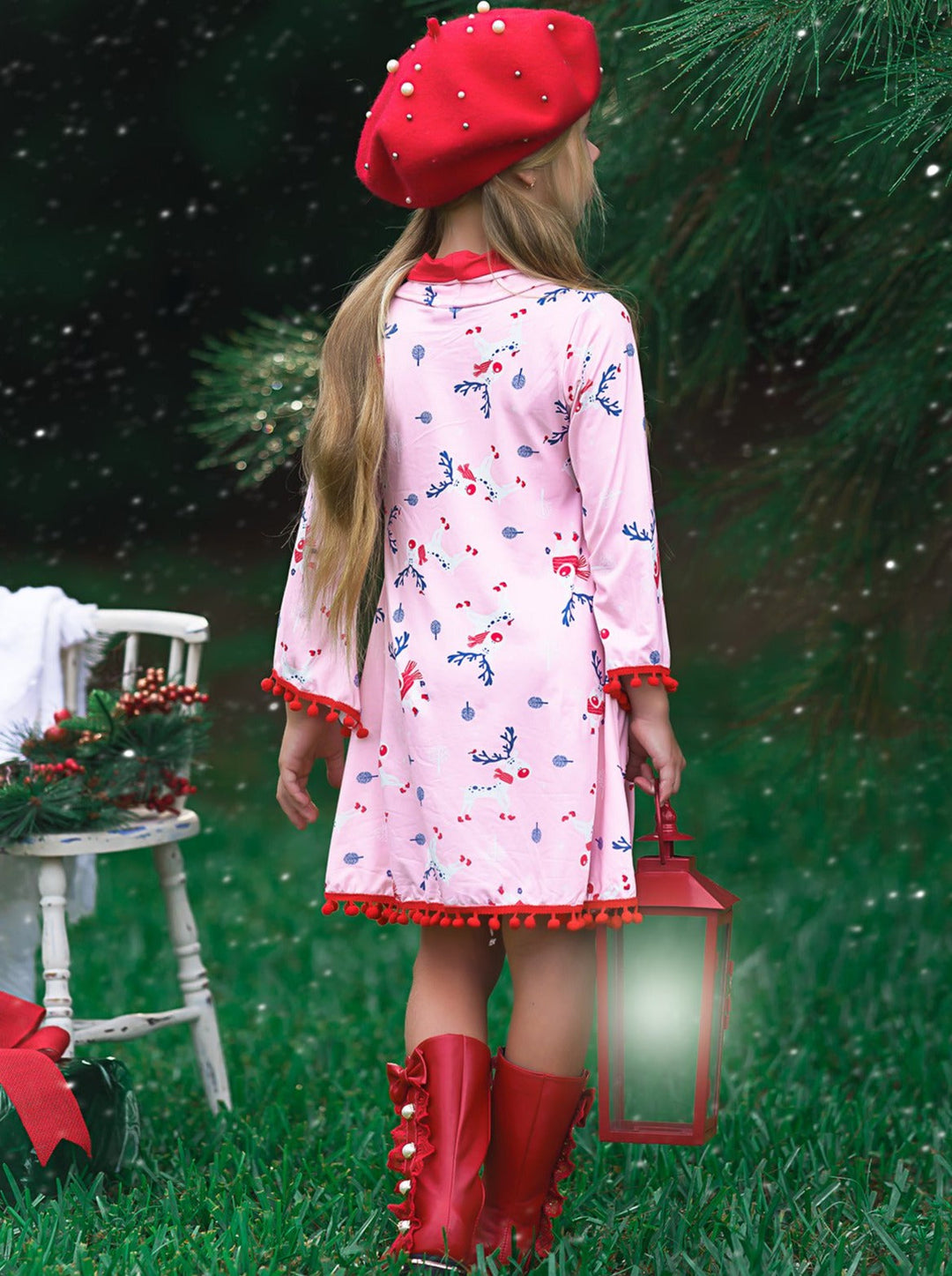 Cute Winter Dresses | Girls Rudolph Print Turtleneck Pom Pom Hem Dress