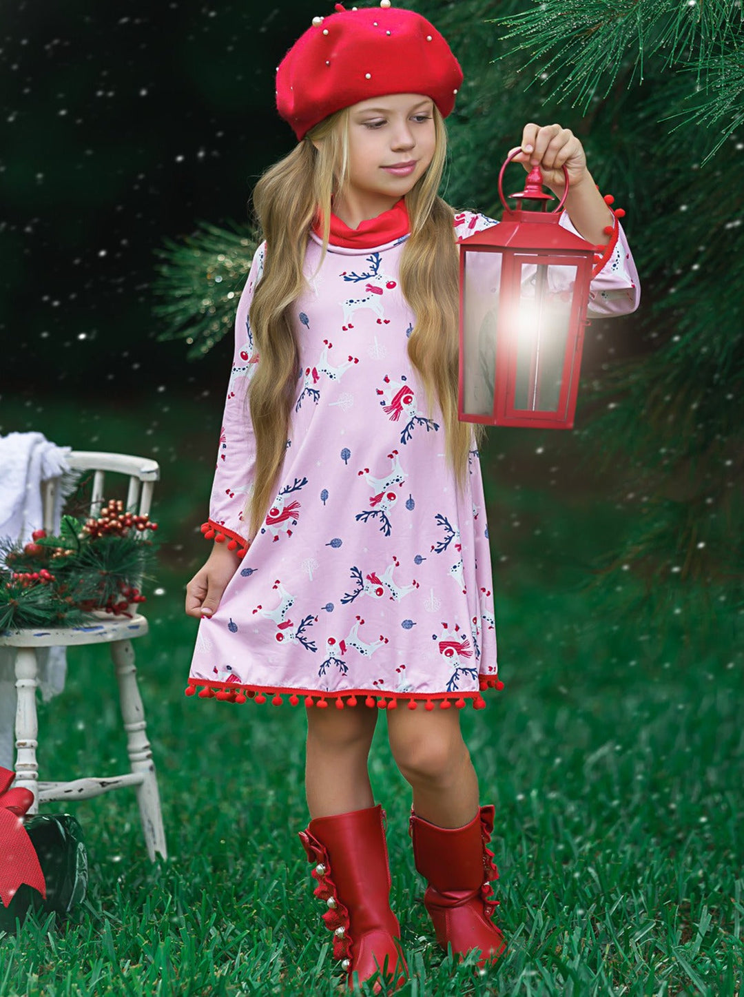 Cute Winter Dresses | Girls Rudolph Print Turtleneck Pom Pom Hem Dress