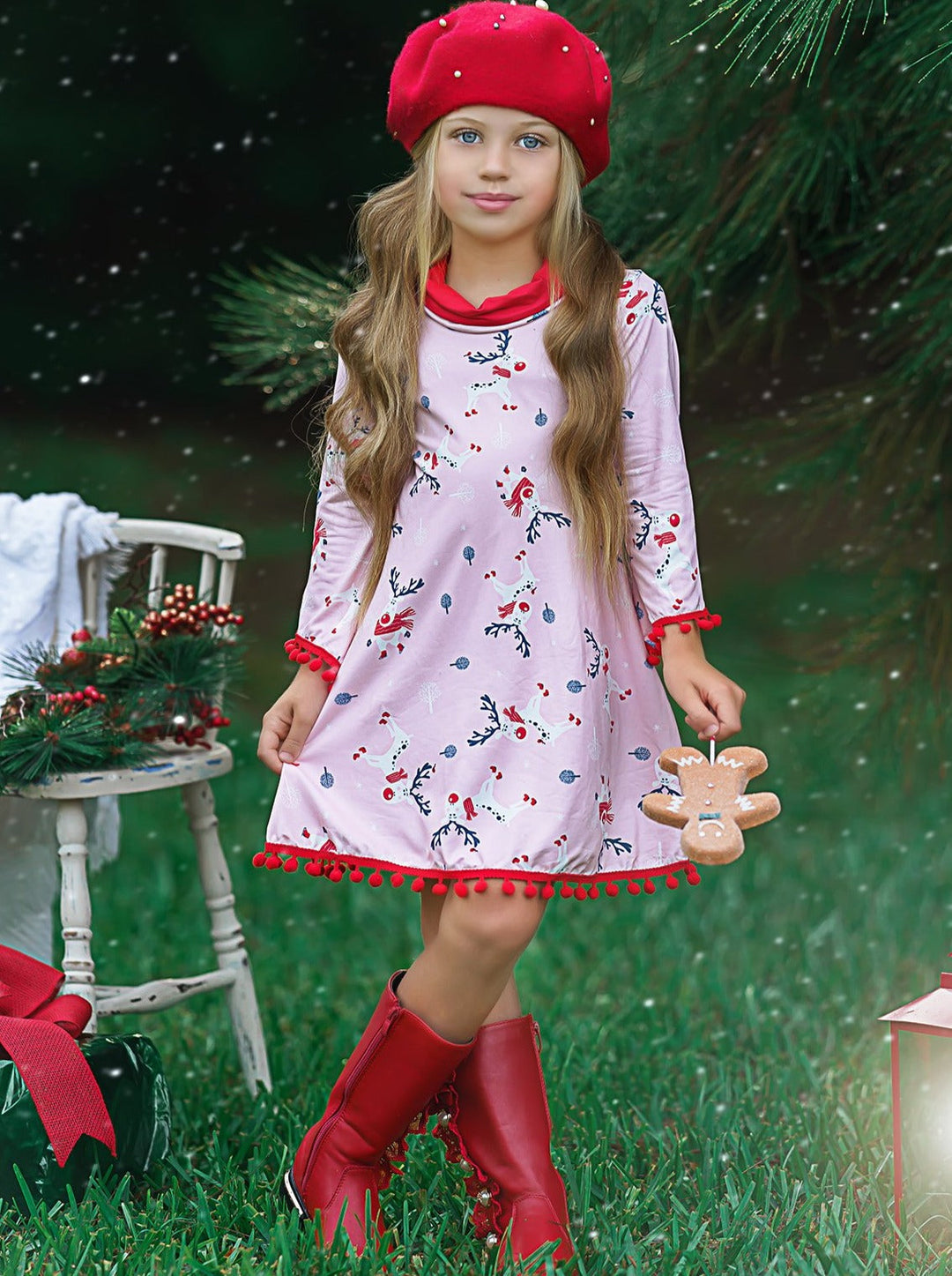 Cute Winter Dresses | Girls Rudolph Print Turtleneck Pom Pom Hem Dress