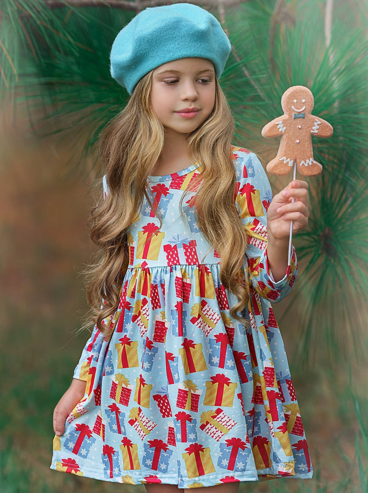 Cute Winter Dresses | Girls Christmas Present Print Holiday Dress