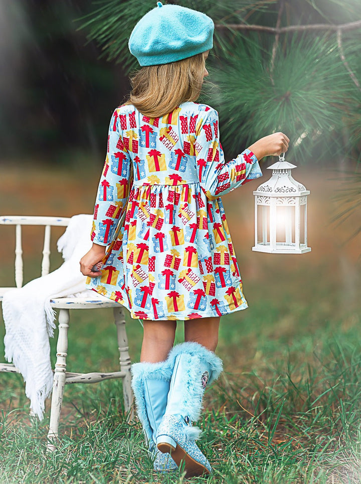 Cute Winter Dresses | Girls Christmas Present Print Holiday Dress