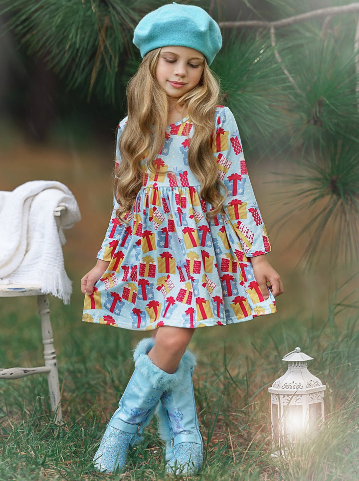 Cute Winter Dresses | Girls Christmas Present Print Holiday Dress