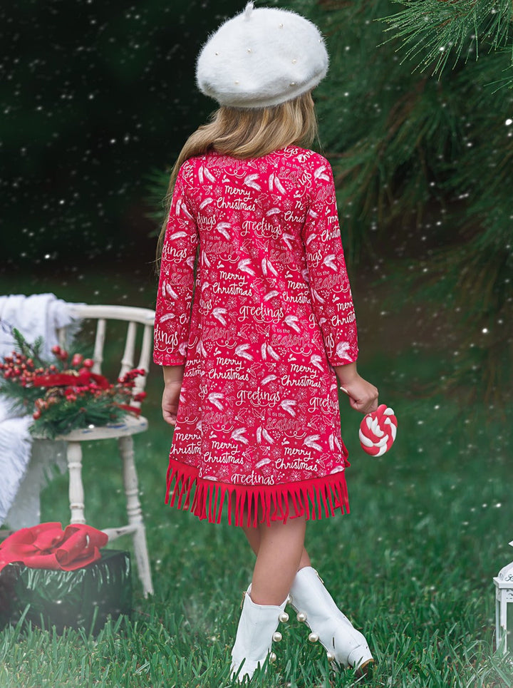 Cute Winter Dresses | Girls Season Greetings Fringe Hem Dress