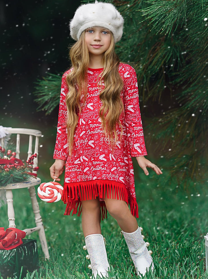 Cute Winter Dresses | Girls Season Greetings Fringe Hem Dress