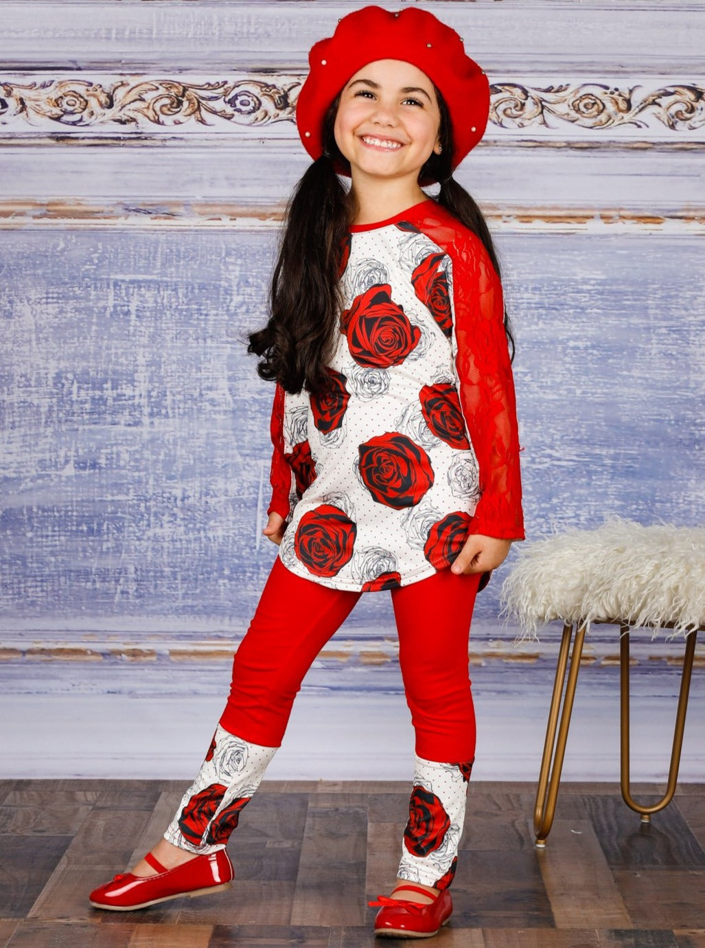 Kids Valentine's Clothes | Rose Print Lace Top & Matching Legging Set