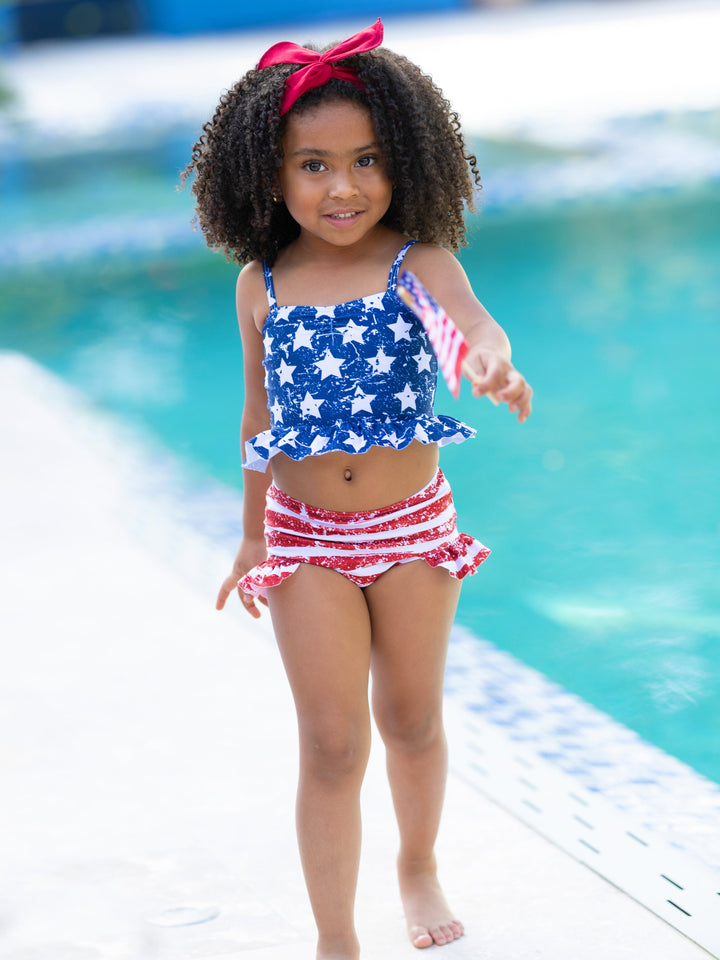 Girls Americana Ruffle Tankini Two Piece Swimsuit | 4th of July