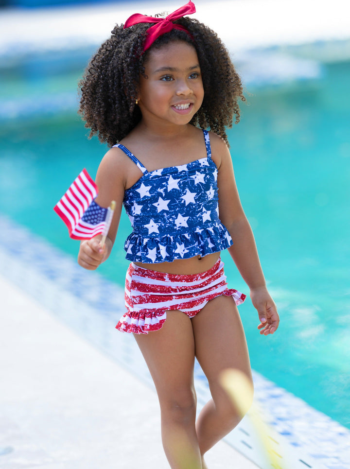 Girls Americana Ruffle Tankini Two Piece Swimsuit | 4th of July