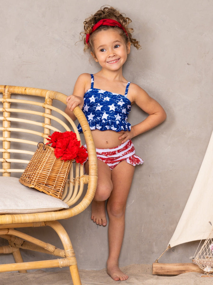 Girls Americana Ruffle Tankini Two Piece Swimsuit | 4th of July