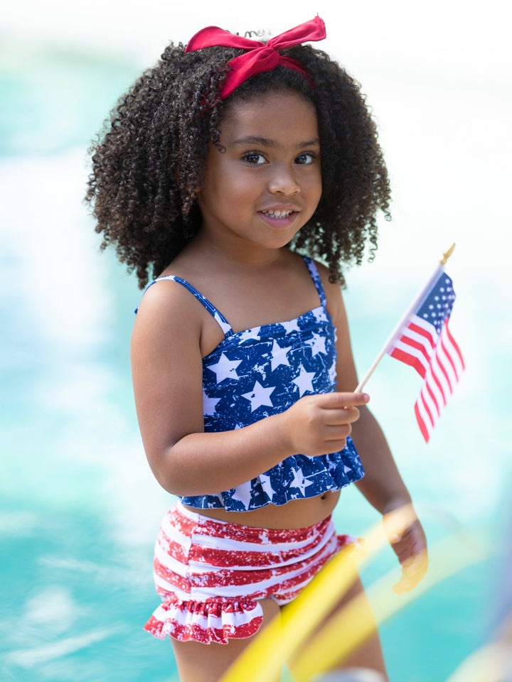 Girls Americana Ruffle Tankini Two Piece Swimsuit | 4th of July