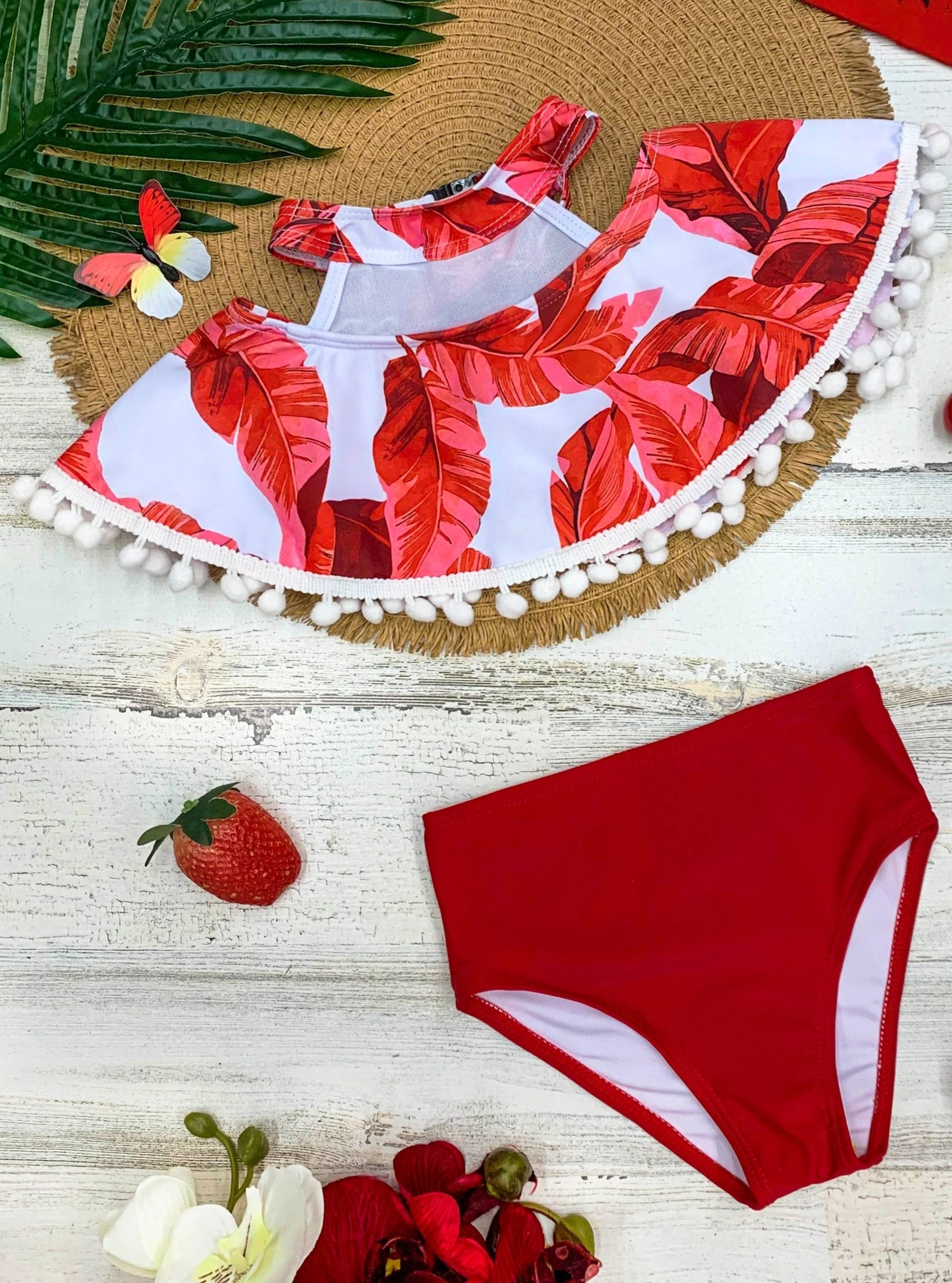 Mia Belle Girls Tropical High Waist Two Piece Swimsuit Resort Wear Red 7Y