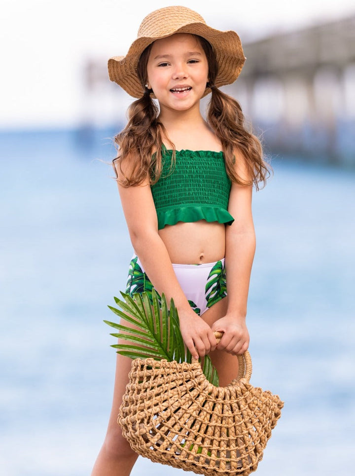 Kids Swimsuit | Girls Tropical Smocked High Waisted Two-Piece Swimsuit