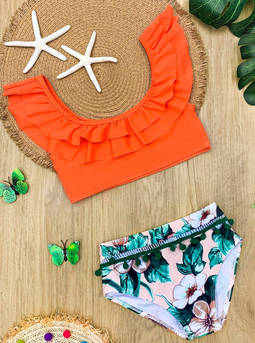 Kids Swimsuits | Little Girls Tropical Print Bottom Two Piece Swimsuit