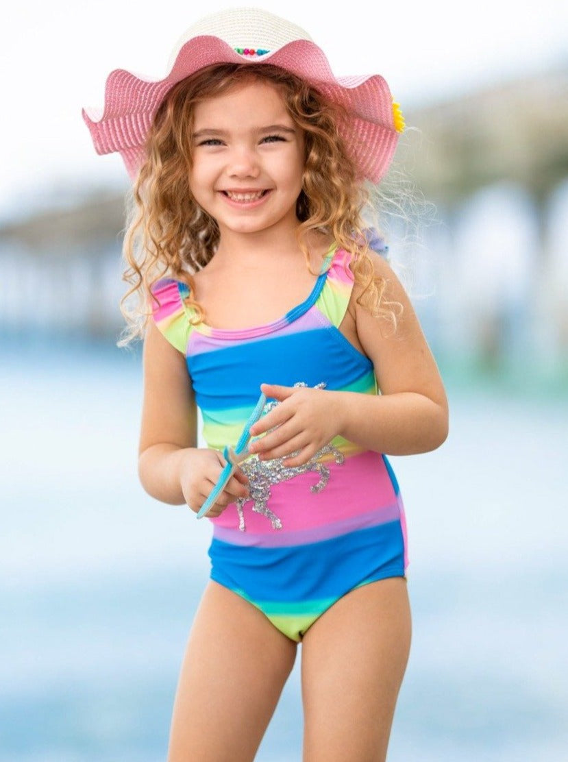 Girls Rainbow Riding Unicorn One Piece Swimsuit 12mon-10y