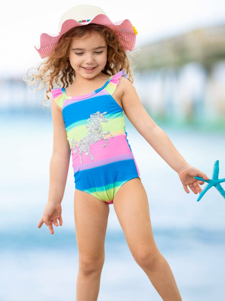 Girls Rainbow Riding Unicorn One Piece Swimsuit 12mon-10y