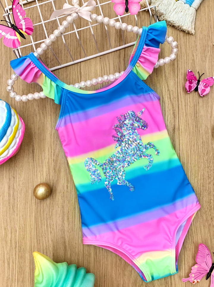 Girls Rainbow Riding Unicorn One Piece Swimsuit 12mon-10y