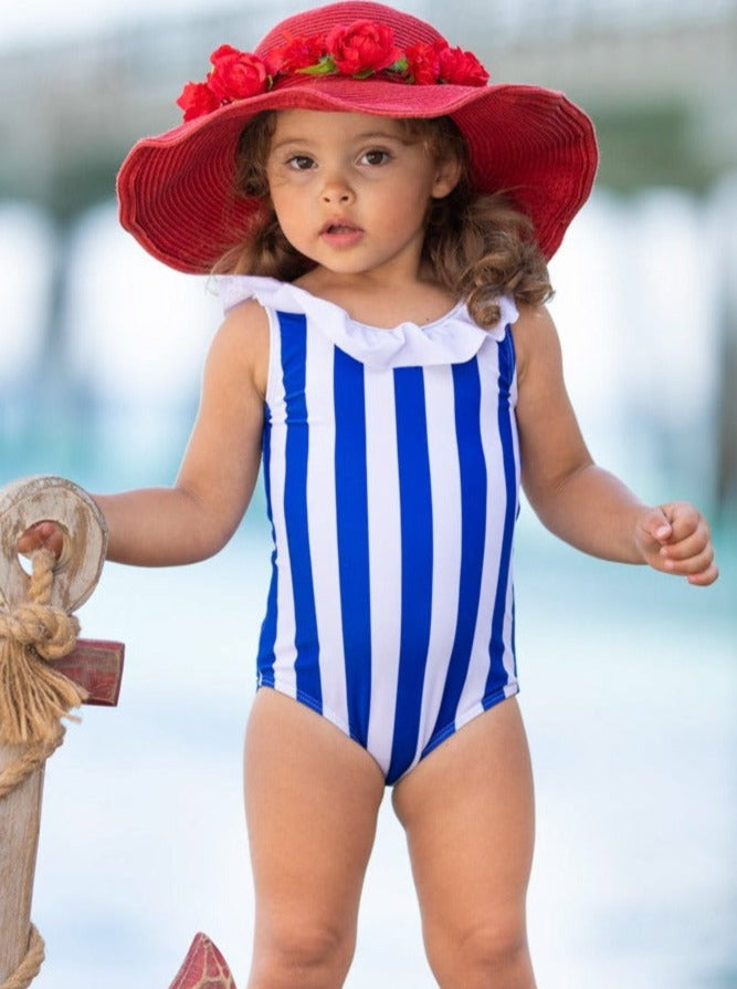 Kids Swimsuits | Little Girls Striped Ruffle Bib One Piece Swimsuit