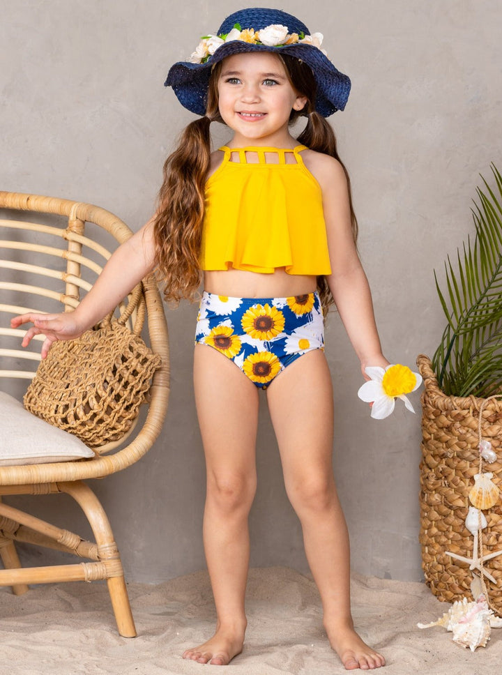 Two-Piece Girls Swimsuits | Girls Sunny Sunflower Tankini Swimsuit