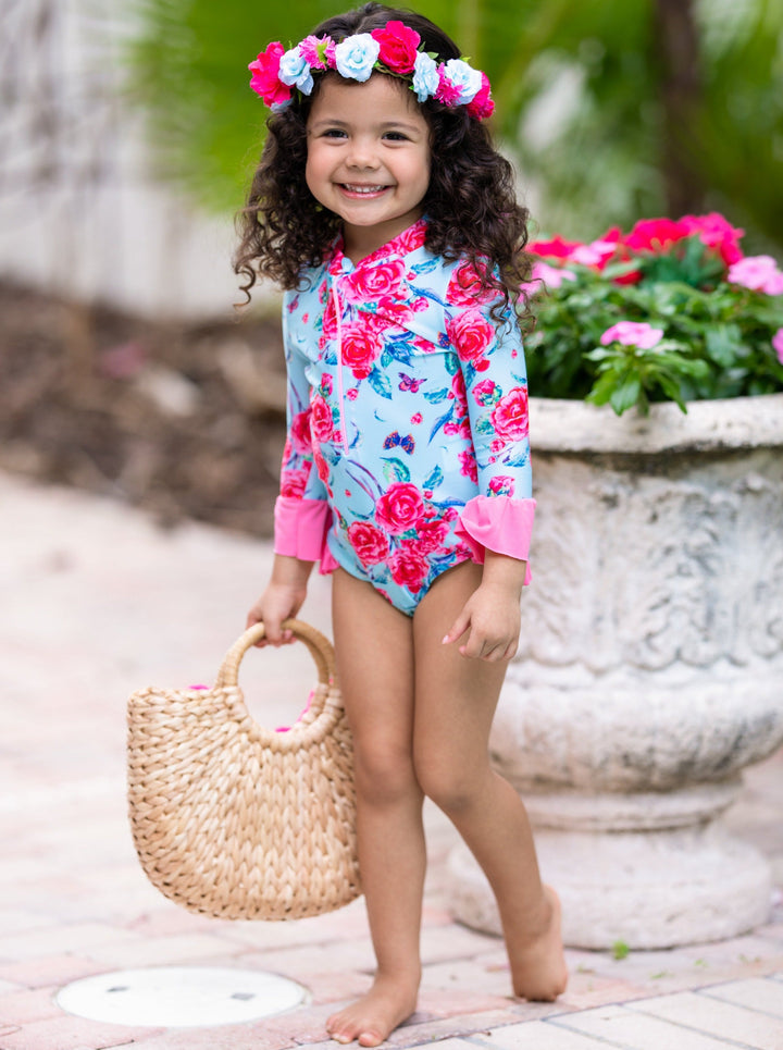 Toddler Rash Guard Swimsuit | Girls Floral Ruffled One-Piece Swimsuit