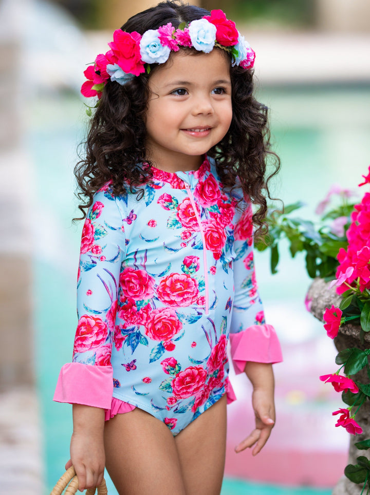 Toddler Rash Guard Swimsuit | Girls Floral Ruffled One-Piece Swimsuit