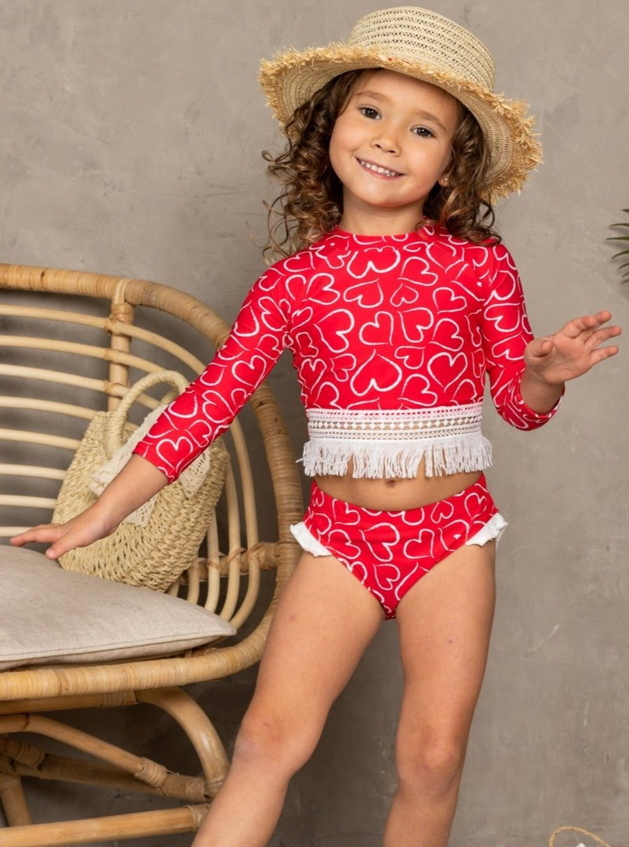 Toddler Rash Guard Swimsuit | Girls Crochet Hem Two Piece Swimsuit