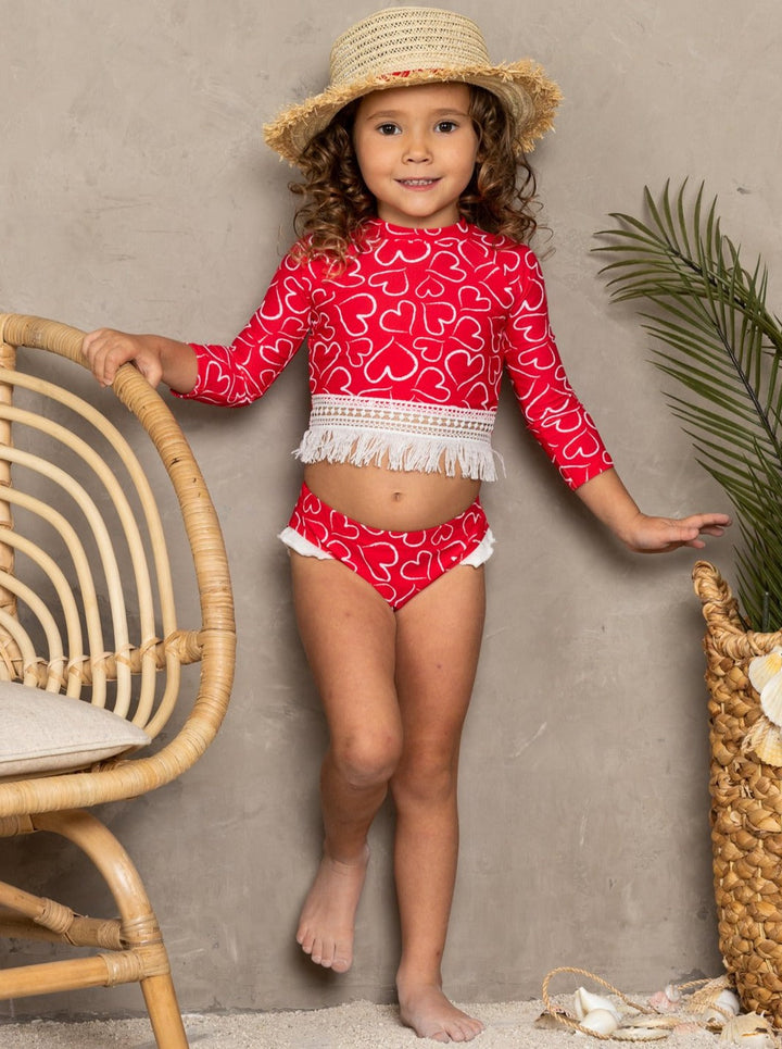 Toddler Rash Guard Swimsuit | Girls Crochet Hem Two Piece Swimsuit