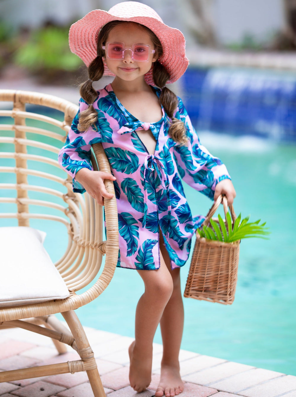 Toddlers Cover Up | Little Girls Pink Tropical Kimono Style Cover Up