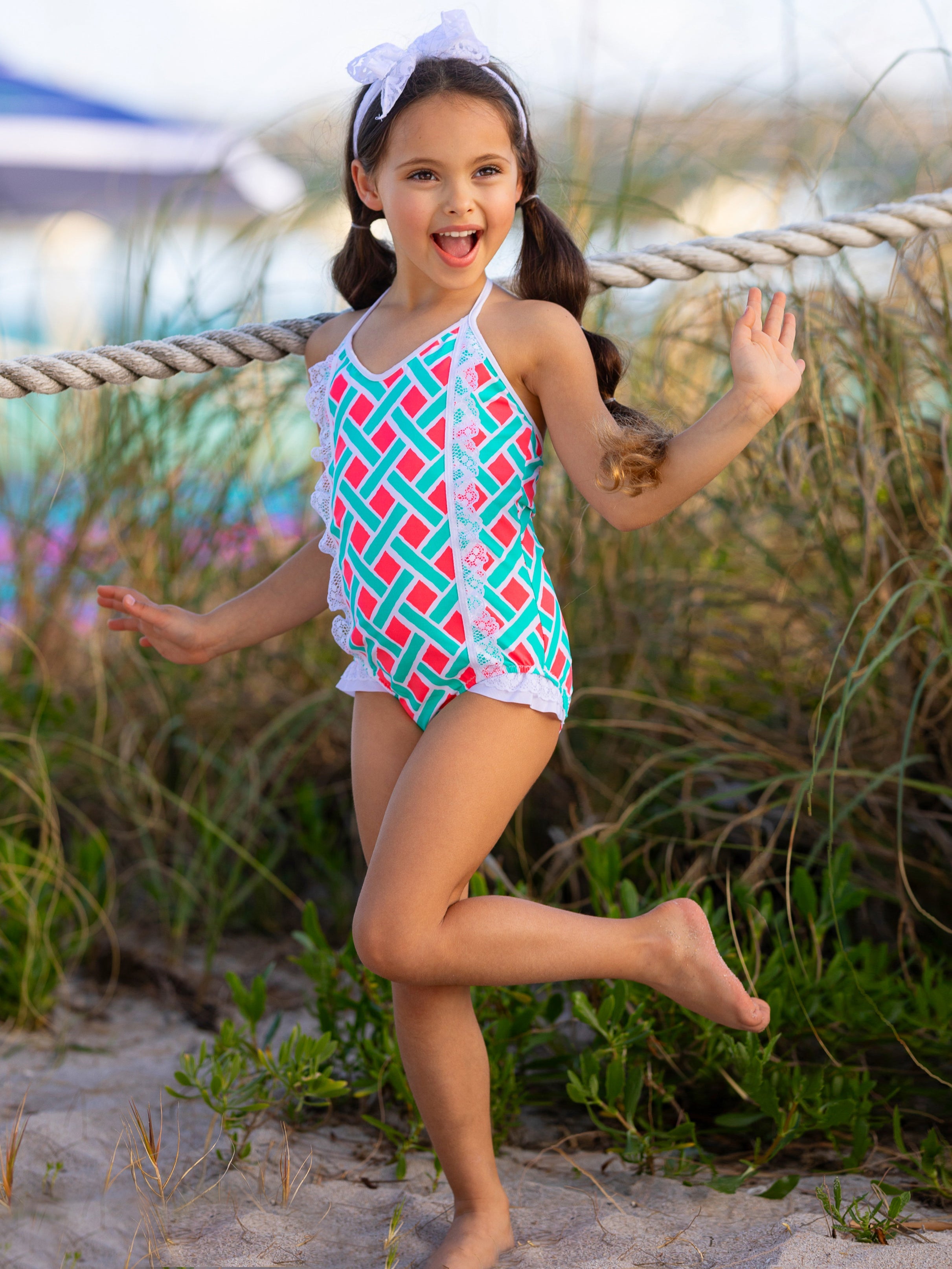 Girls V Neck Haltered Lace Ruffled One Piece Swimsuit