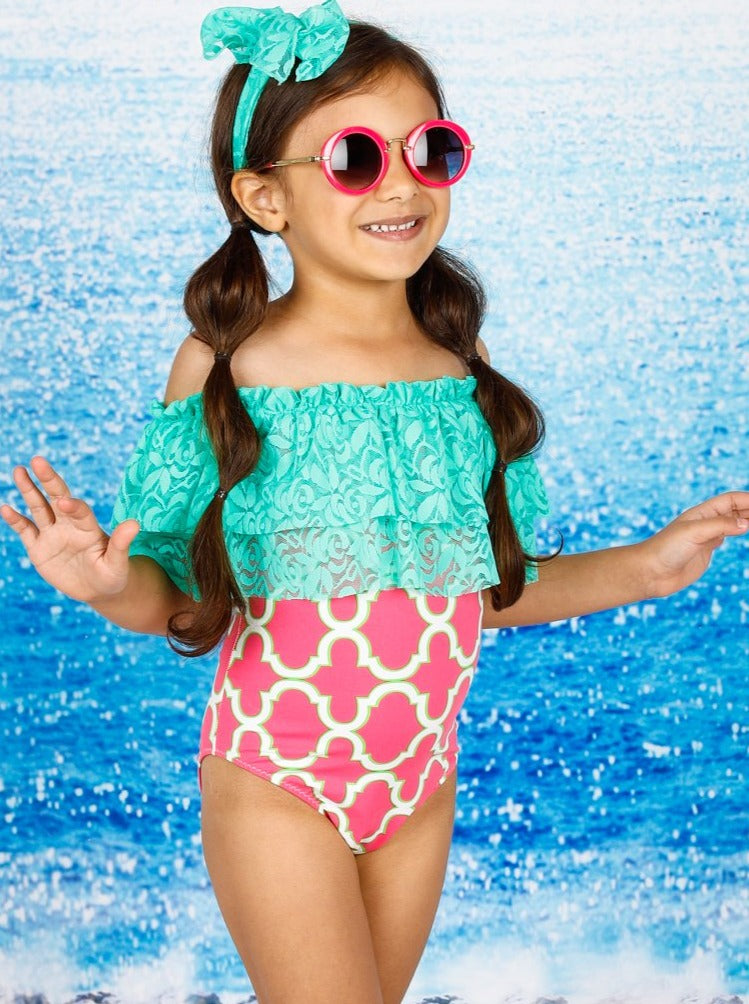 Kids Swimsuits | Little Girls Lace Ruffle Shoulder One Piece Swimsuit