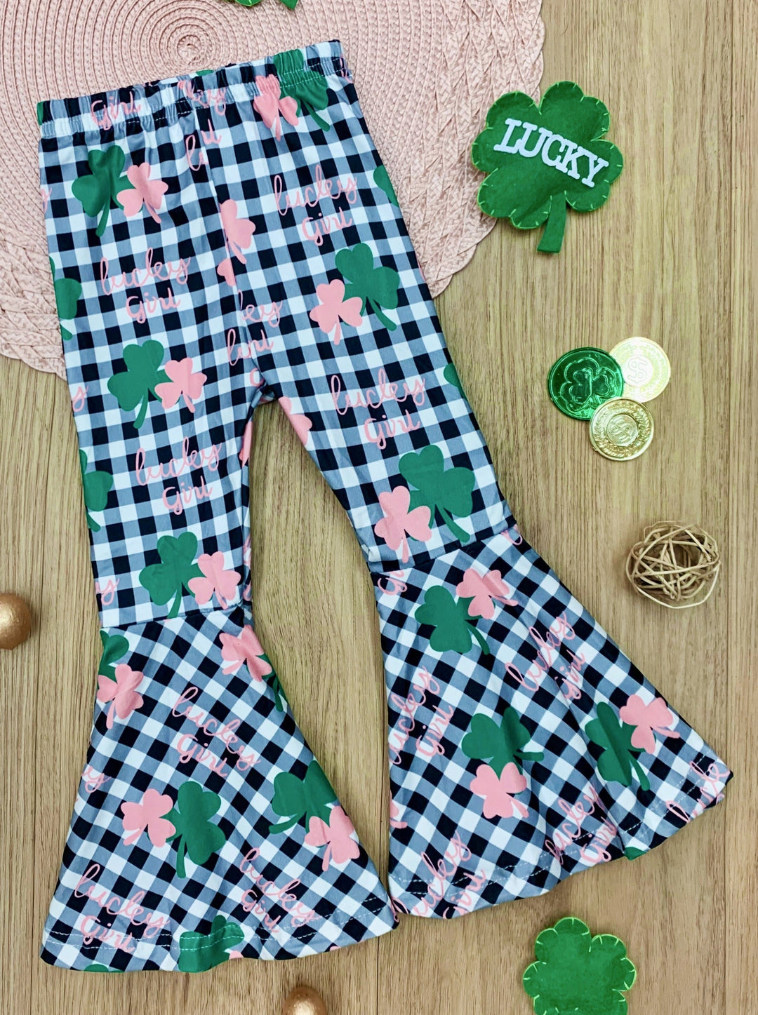 St. Patrick's Day Clothes | Lucky Girl Plaid Clover Flared Leggings