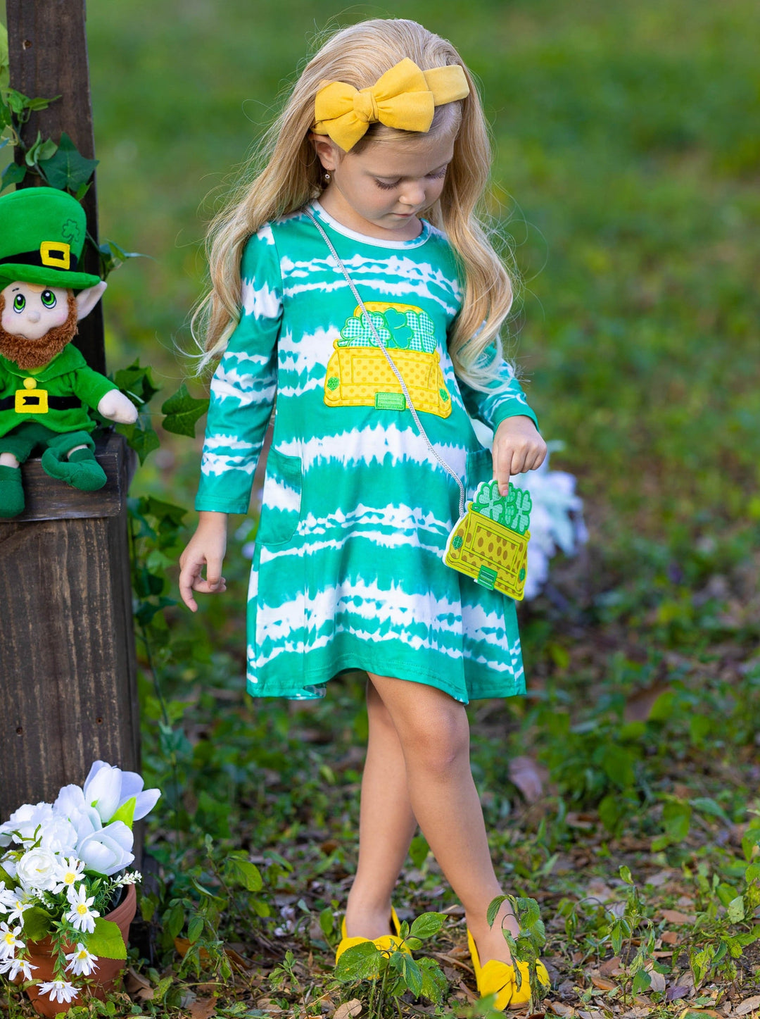 Mia Belle Girls St. Patrick's Day Tie-Dye Dress, Socks And Purse Set