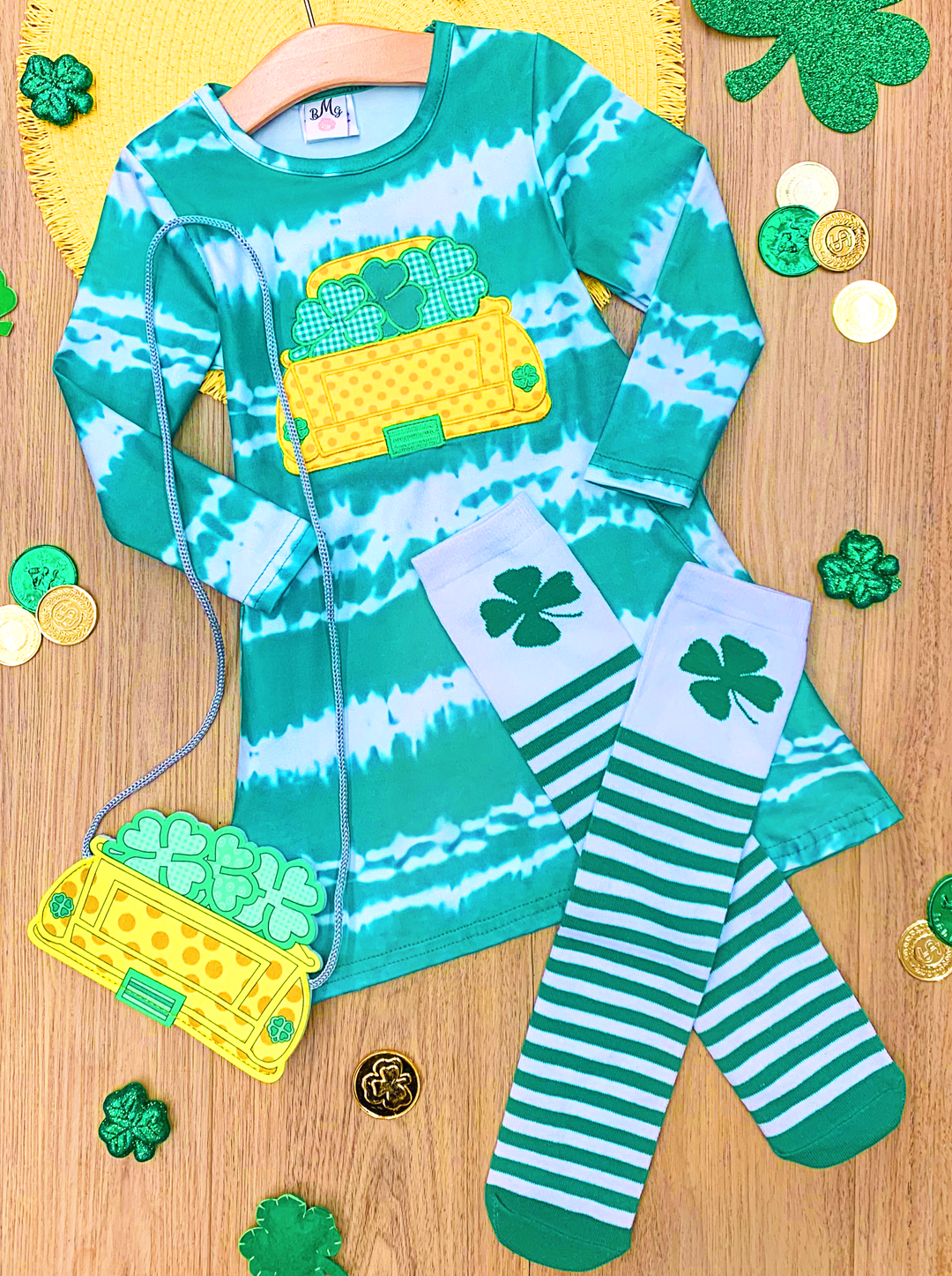 Mia Belle Girls St. Patrick's Day Tie-Dye Dress, Socks And Purse Set