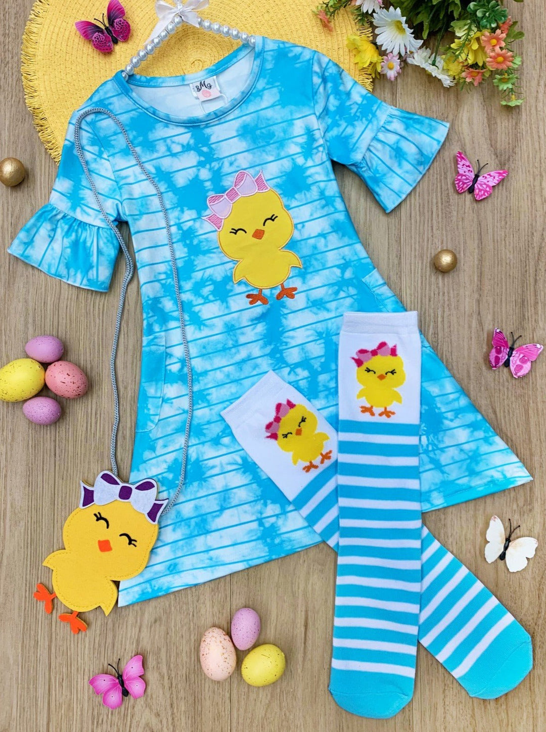 Girls Tie Dye Easter Dress with Socks and Purse Set 2T-10Y blue