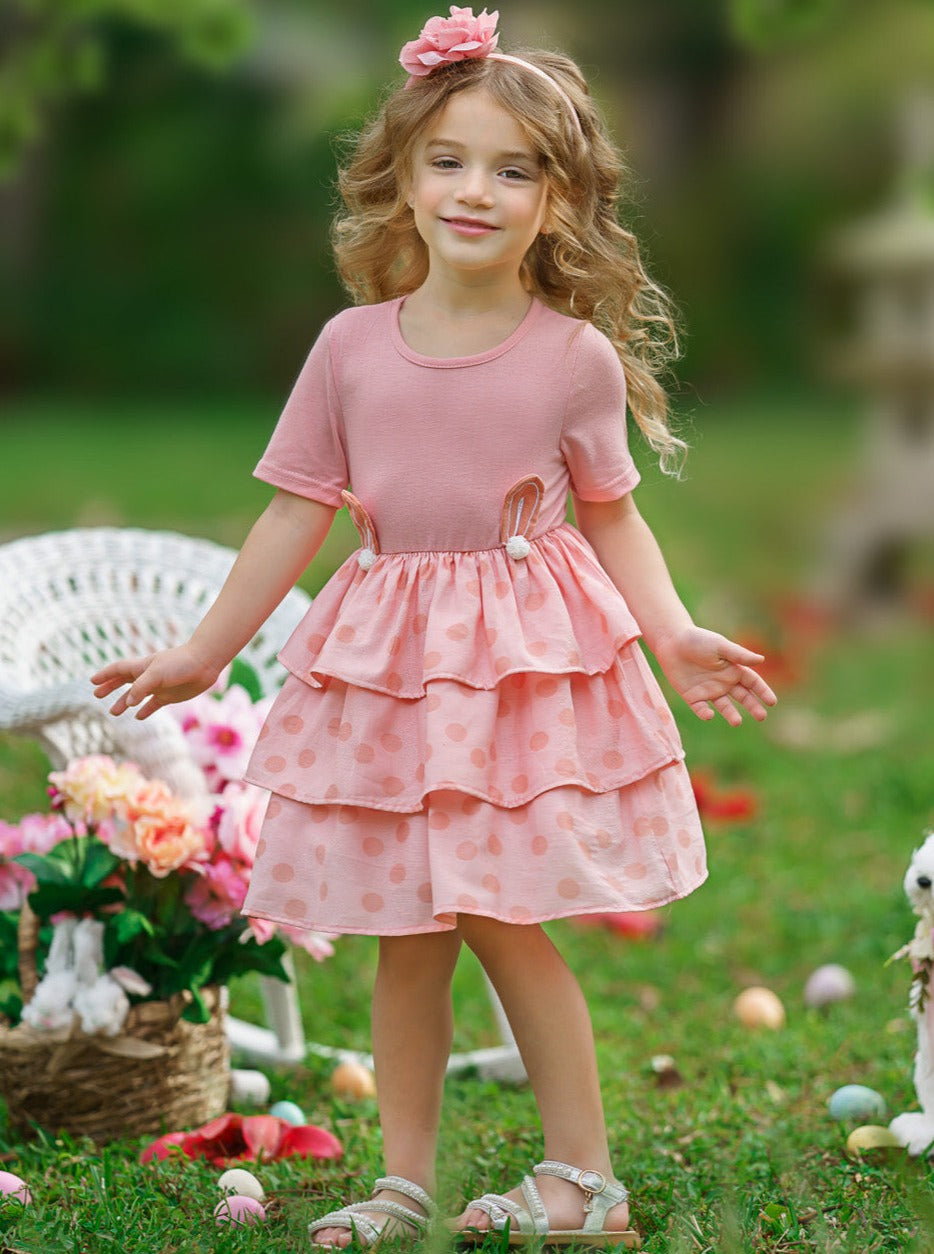 Mia Belle Girls Easter Dresses | Dotted Bunny Ears Tiered Ruffle Dress