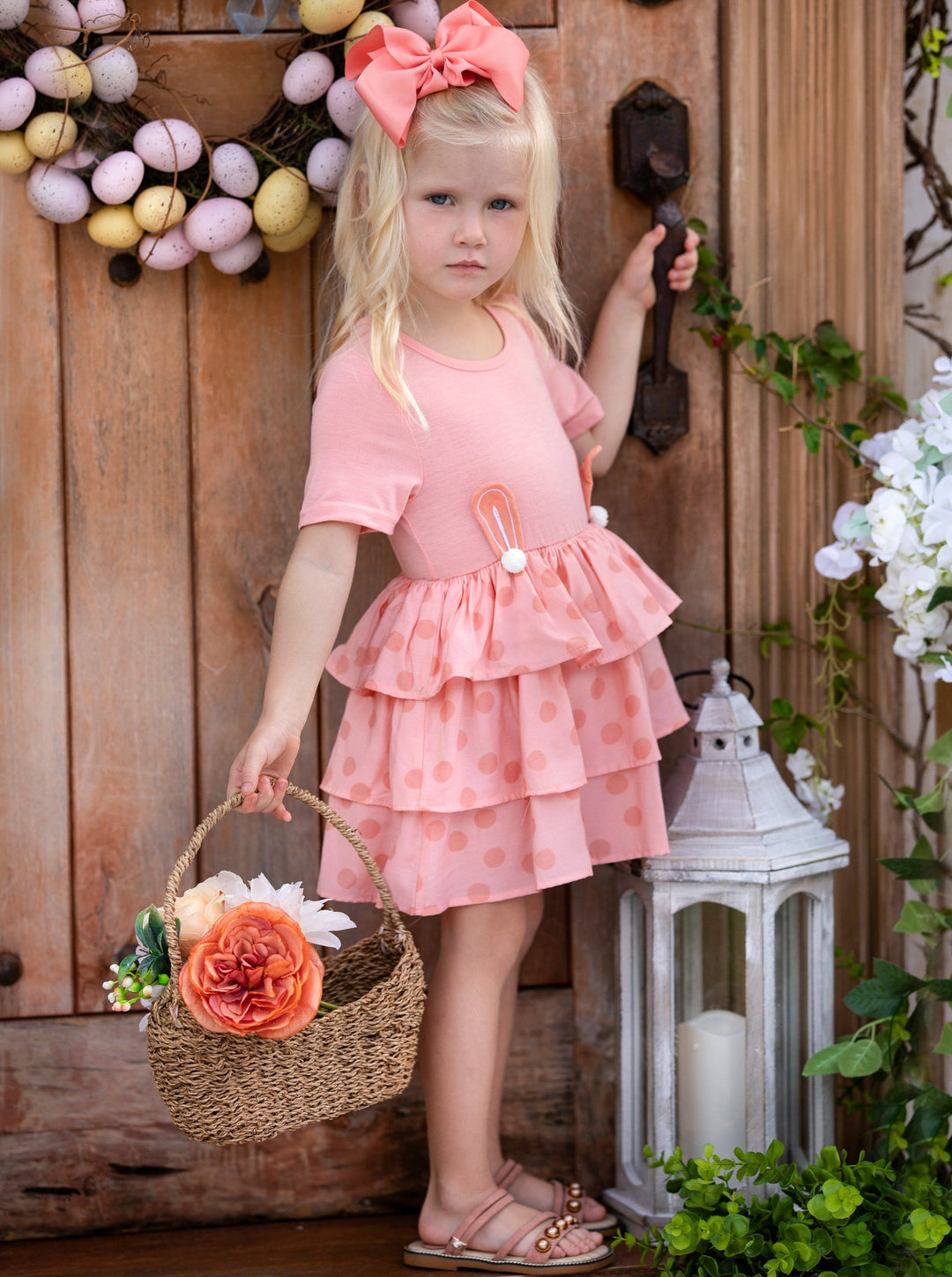 Mia Belle Girls Easter Dresses | Dotted Bunny Ears Tiered Ruffle Dress