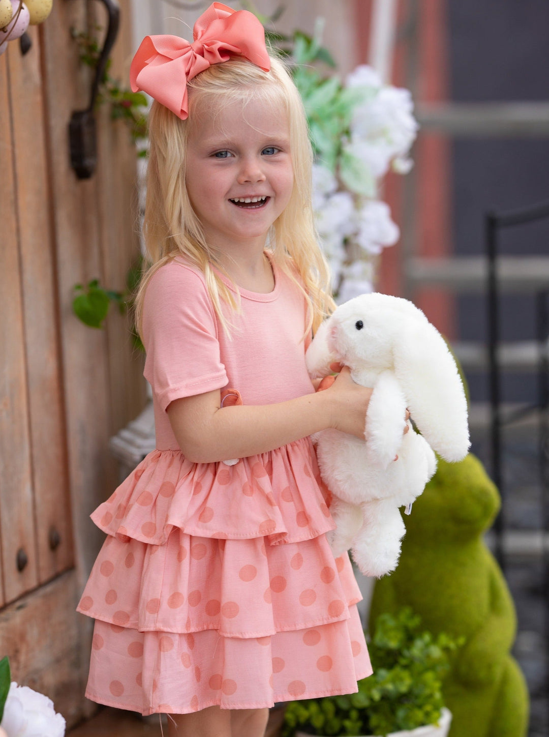 Mia Belle Girls Easter Dresses | Dotted Bunny Ears Tiered Ruffle Dress