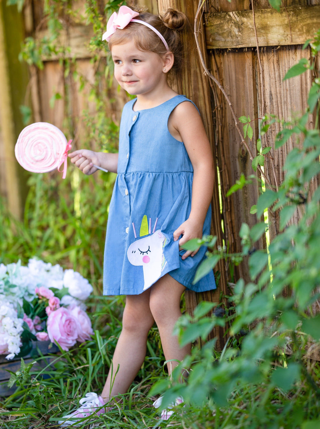 Toddler Cute Spring Dresses | Girls Unicorn Buttoned Chambray Dress