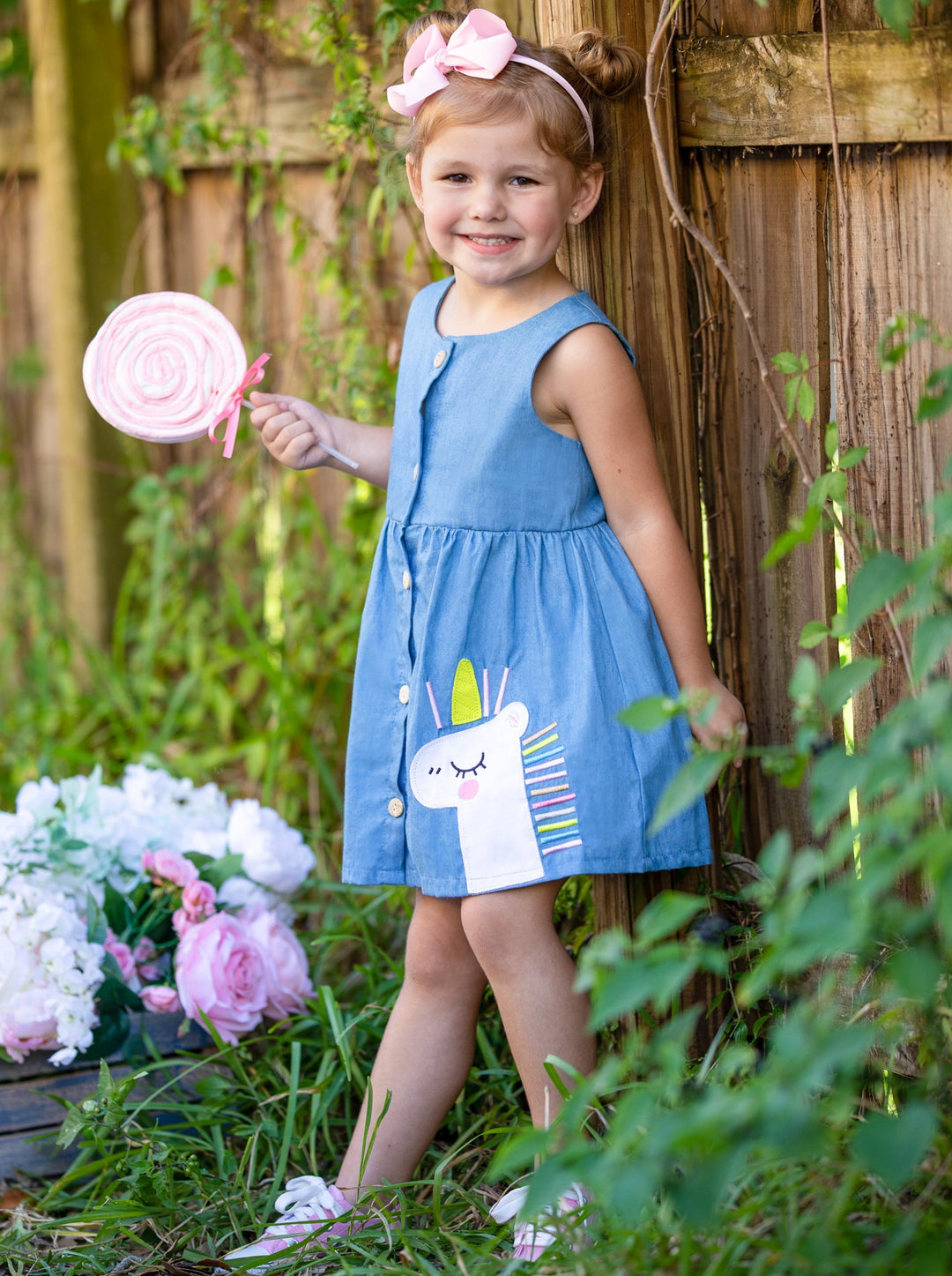 Toddler Cute Spring Dresses | Girls Unicorn Buttoned Chambray Dress