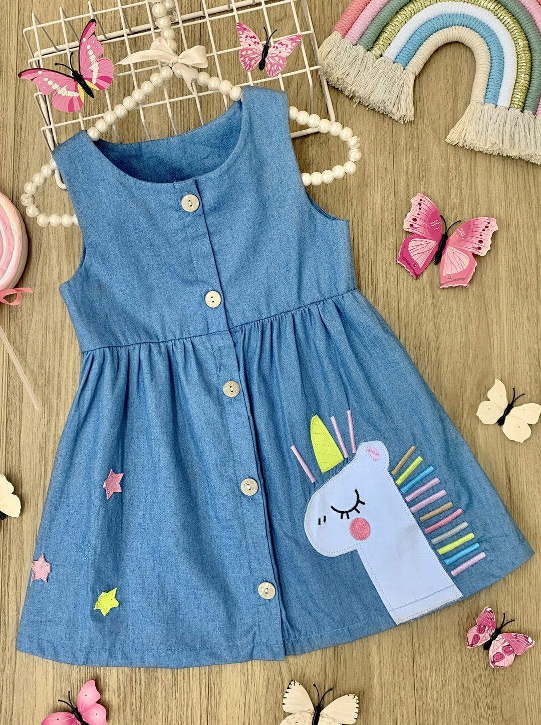 Toddler Cute Spring Dresses | Girls Unicorn Buttoned Chambray Dress