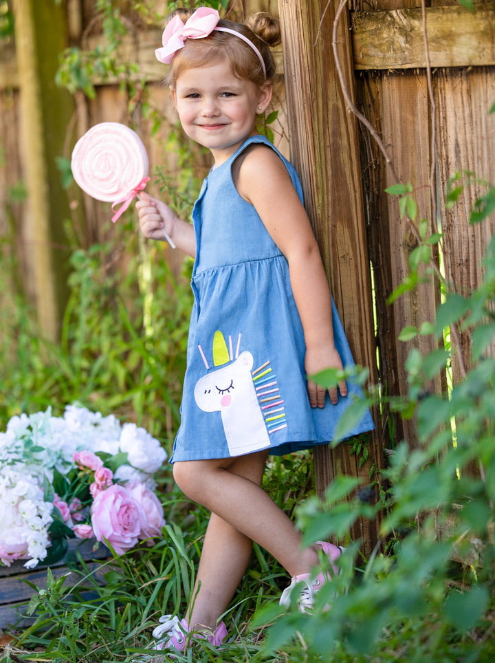 Toddler Cute Spring Dresses | Girls Unicorn Buttoned Chambray Dress