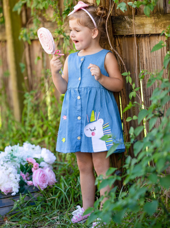 Toddler Cute Spring Dresses | Girls Unicorn Buttoned Chambray Dress