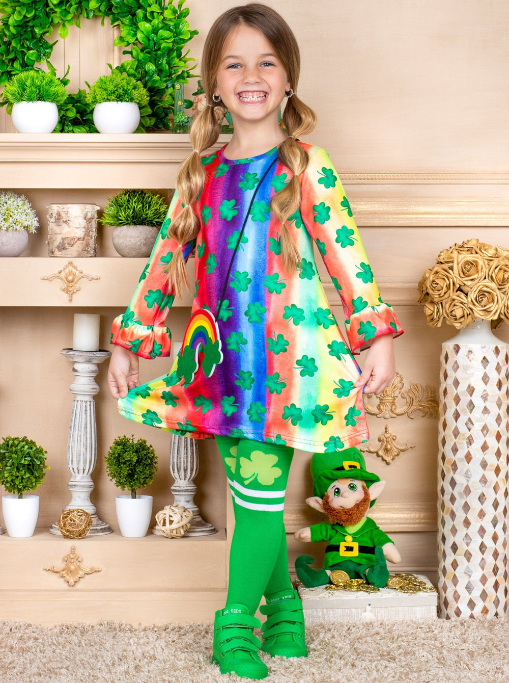 Girls "Clover" Rainbow Print Dress, Purse and Socks Set 2T-10T St Patricks day